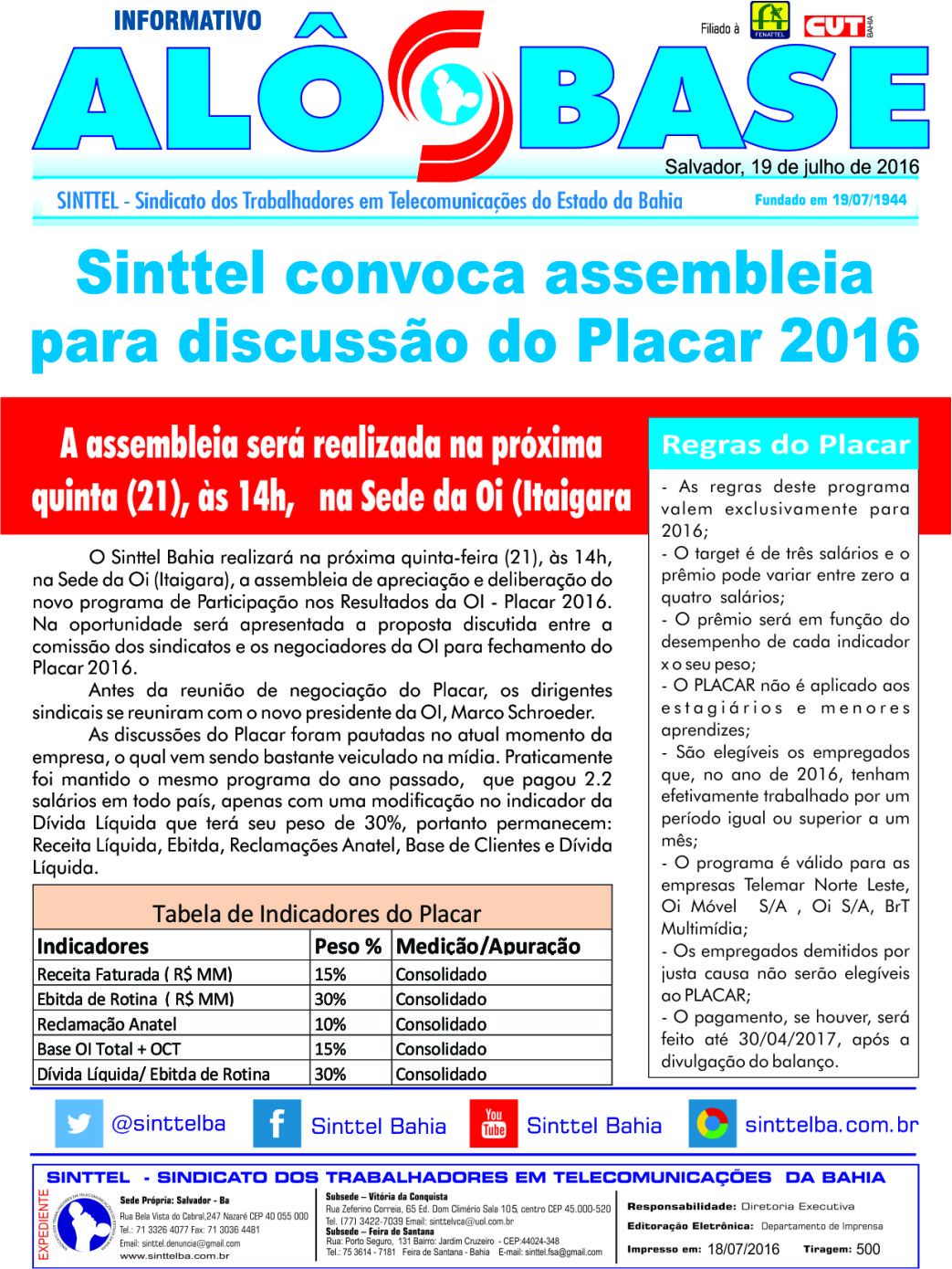 Sinttel convoca assembleia para discussÃ£o do Placar 2016